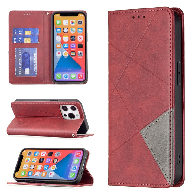 Rhombus Texture Horizontal Flip Magnetic Leather Case with Holder & Card Slots For iPhone 13 Pro Max(Red)-garmade.com