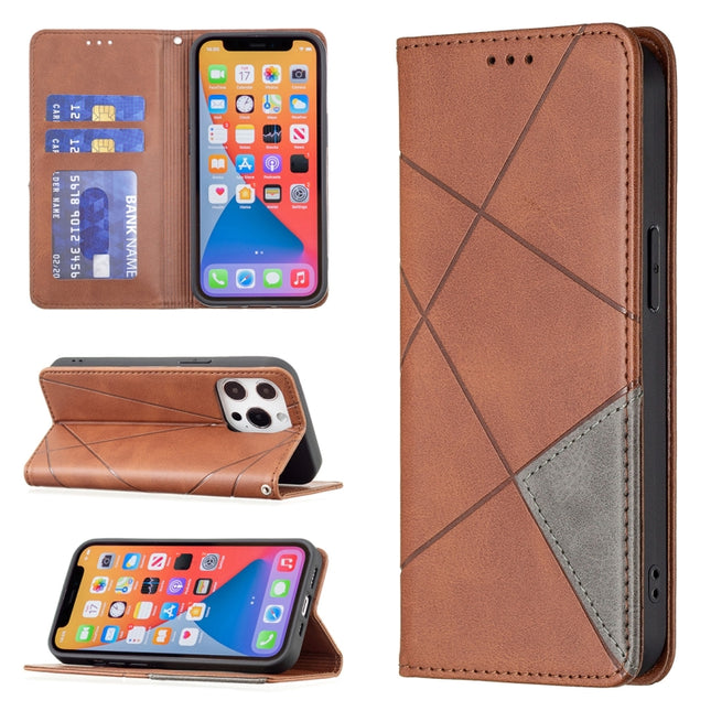 Rhombus Texture Horizontal Flip Magnetic Leather Case with Holder & Card Slots For iPhone 13 Pro Max(Brown)-garmade.com