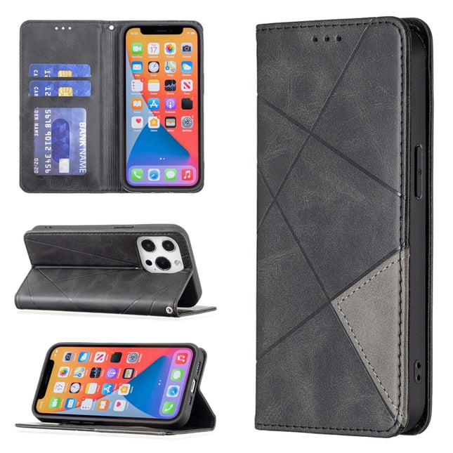 Rhombus Texture Horizontal Flip Magnetic Leather Case with Holder & Card Slots For iPhone 13 Pro Max(Black)-garmade.com