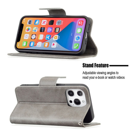 For iPhone 13 Pro Retro Lambskin Texture Pure Color Horizontal Flip PU Leather Case, with Holder & Card Slots & Wallet & Lanyard(Grey)-garmade.com
