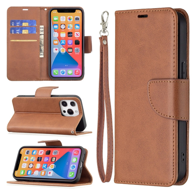For iPhone 13 Pro Retro Lambskin Texture Pure Color Horizontal Flip PU Leather Case, with Holder & Card Slots & Wallet & Lanyard(Brown)-garmade.com