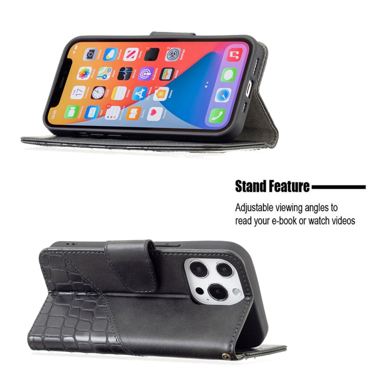 For iPhone 13 Pro Matching Color Crocodile Texture Horizontal Flip PU Leather Case with Wallet & Holder & Card Slots(Black)-garmade.com