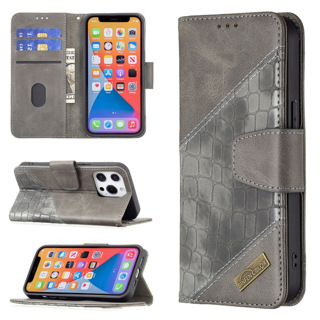 For iPhone 13 Pro Max Matching Color Crocodile Texture Horizontal Flip PU Leather Case with Wallet & Holder & Card Slots(Grey)-garmade.com