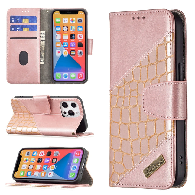 For iPhone 13 Pro Max Matching Color Crocodile Texture Horizontal Flip PU Leather Case with Wallet & Holder & Card Slots(Rose Gold)-garmade.com