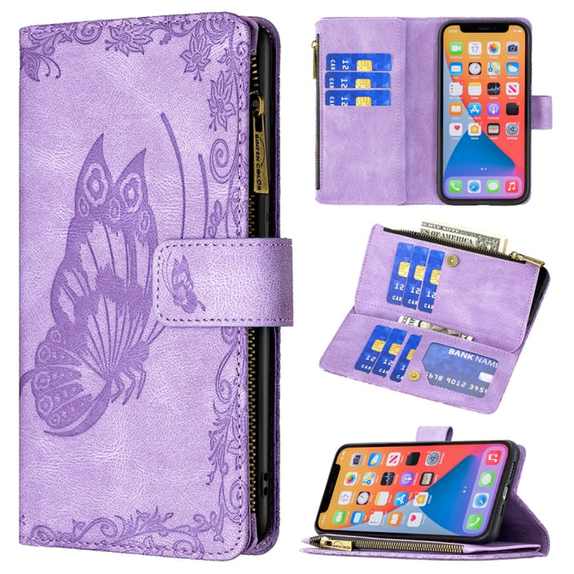 Flying Butterfly Embossing Pattern Zipper Horizontal Flip Leather Case with Holder & Card Slots & Wallet For iPhone 13 mini(Purple)-garmade.com