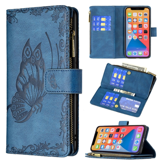 Flying Butterfly Embossing Pattern Zipper Horizontal Flip Leather Case with Holder & Card Slots & Wallet For iPhone 13 Pro(Blue)-garmade.com
