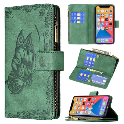 Flying Butterfly Embossing Pattern Zipper Horizontal Flip Leather Case with Holder & Card Slots & Wallet For iPhone 13 Pro(Green)-garmade.com