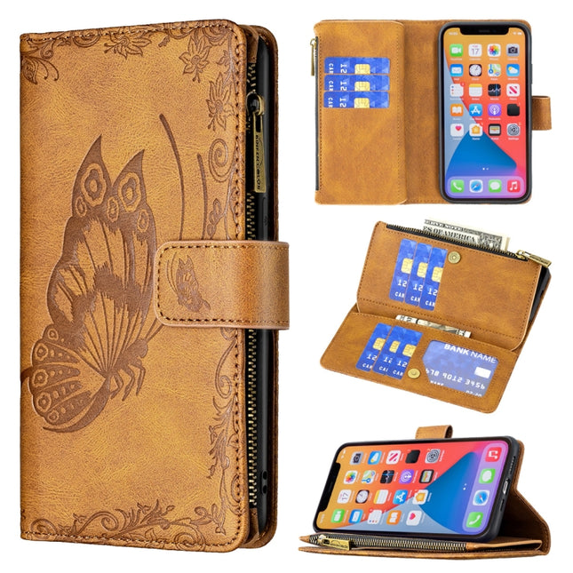 Flying Butterfly Embossing Pattern Zipper Horizontal Flip Leather Case with Holder & Card Slots & Wallet For iPhone 13 Pro Max(Brown)-garmade.com