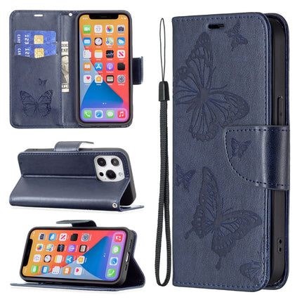 Embossing Two Butterflies Pattern Horizontal Flip PU Leather Case with Holder & Card Slot & Wallet & Lanyard For iPhone 13 mini(Blue)-garmade.com