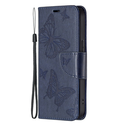 Embossing Two Butterflies Pattern Horizontal Flip PU Leather Case with Holder & Card Slot & Wallet & Lanyard For iPhone 13 mini(Blue)-garmade.com