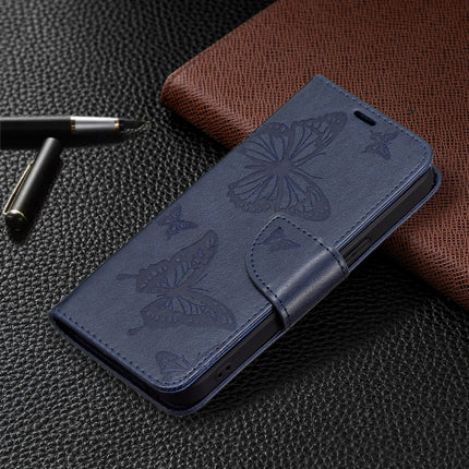 Embossing Two Butterflies Pattern Horizontal Flip PU Leather Case with Holder & Card Slot & Wallet & Lanyard For iPhone 13 mini(Blue)-garmade.com