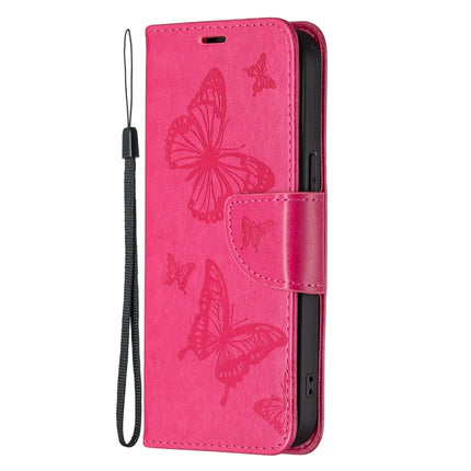 Embossing Two Butterflies Pattern Horizontal Flip PU Leather Case with Holder & Card Slot & Wallet & Lanyard For iPhone 13 mini(Rose Red)-garmade.com