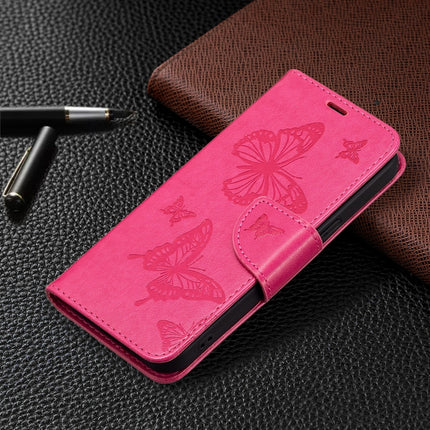 Embossing Two Butterflies Pattern Horizontal Flip PU Leather Case with Holder & Card Slot & Wallet & Lanyard For iPhone 13 mini(Rose Red)-garmade.com
