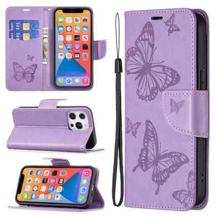 Embossing Two Butterflies Pattern Horizontal Flip PU Leather Case with Holder & Card Slot & Wallet & Lanyard For iPhone 13 mini(Purple)-garmade.com