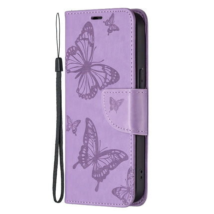 Embossing Two Butterflies Pattern Horizontal Flip PU Leather Case with Holder & Card Slot & Wallet & Lanyard For iPhone 13 mini(Purple)-garmade.com