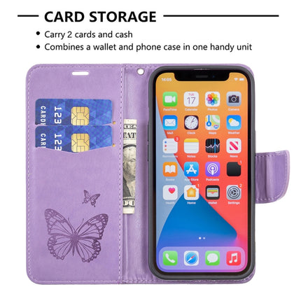 Embossing Two Butterflies Pattern Horizontal Flip PU Leather Case with Holder & Card Slot & Wallet & Lanyard For iPhone 13 mini(Purple)-garmade.com
