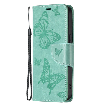 Embossing Two Butterflies Pattern Horizontal Flip PU Leather Case with Holder & Card Slot & Wallet & Lanyard For iPhone 13 mini(Green)-garmade.com