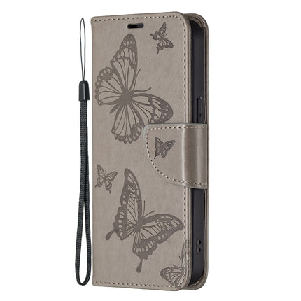 Embossing Two Butterflies Pattern Horizontal Flip PU Leather Case with Holder & Card Slot & Wallet & Lanyard For iPhone 13(Grey)-garmade.com