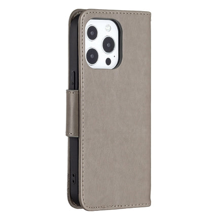 Embossing Two Butterflies Pattern Horizontal Flip PU Leather Case with Holder & Card Slot & Wallet & Lanyard For iPhone 13(Grey)-garmade.com