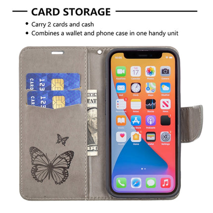 Embossing Two Butterflies Pattern Horizontal Flip PU Leather Case with Holder & Card Slot & Wallet & Lanyard For iPhone 13(Grey)-garmade.com