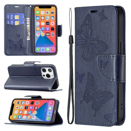 Embossing Two Butterflies Pattern Horizontal Flip PU Leather Case with Holder & Card Slot & Wallet & Lanyard For iPhone 13(Blue)-garmade.com