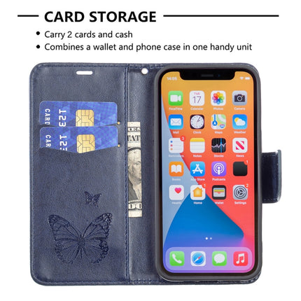 Embossing Two Butterflies Pattern Horizontal Flip PU Leather Case with Holder & Card Slot & Wallet & Lanyard For iPhone 13(Blue)-garmade.com