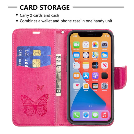 Embossing Two Butterflies Pattern Horizontal Flip PU Leather Case with Holder & Card Slot & Wallet & Lanyard For iPhone 13(Rose Red)-garmade.com