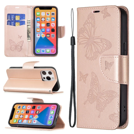 Embossing Two Butterflies Pattern Horizontal Flip PU Leather Case with Holder & Card Slot & Wallet & Lanyard For iPhone 13(Rose Gold)-garmade.com