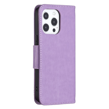 Embossing Two Butterflies Pattern Horizontal Flip PU Leather Case with Holder & Card Slot & Wallet & Lanyard For iPhone 13(Purple)-garmade.com