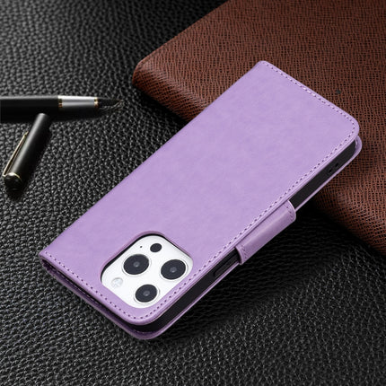 Embossing Two Butterflies Pattern Horizontal Flip PU Leather Case with Holder & Card Slot & Wallet & Lanyard For iPhone 13(Purple)-garmade.com