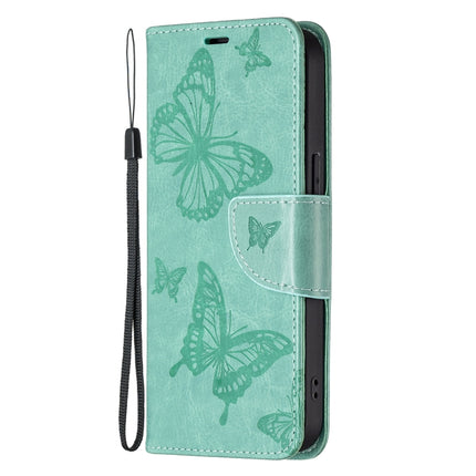 Embossing Two Butterflies Pattern Horizontal Flip PU Leather Case with Holder & Card Slot & Wallet & Lanyard For iPhone 13(Green)-garmade.com