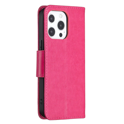 Embossing Two Butterflies Pattern Horizontal Flip PU Leather Case with Holder & Card Slot & Wallet & Lanyard For iPhone 13 Pro(Rose Red)-garmade.com