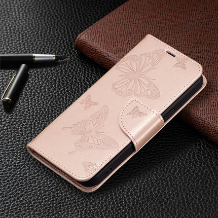 Embossing Two Butterflies Pattern Horizontal Flip PU Leather Case with Holder & Card Slot & Wallet & Lanyard For iPhone 13 Pro(Rose Gold)-garmade.com