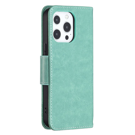 Embossing Two Butterflies Pattern Horizontal Flip PU Leather Case with Holder & Card Slot & Wallet & Lanyard For iPhone 13 Pro(Green)-garmade.com