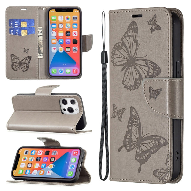 Embossing Two Butterflies Pattern Horizontal Flip PU Leather Case with Holder & Card Slot & Wallet & Lanyard For iPhone 13 Pro Max(Grey)-garmade.com
