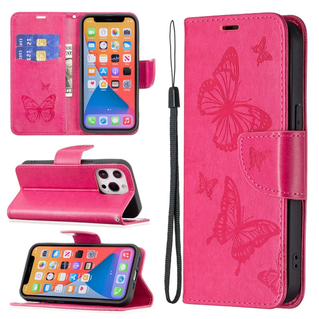 Embossing Two Butterflies Pattern Horizontal Flip PU Leather Case with Holder & Card Slot & Wallet & Lanyard For iPhone 13 Pro Max(Rose Red)-garmade.com
