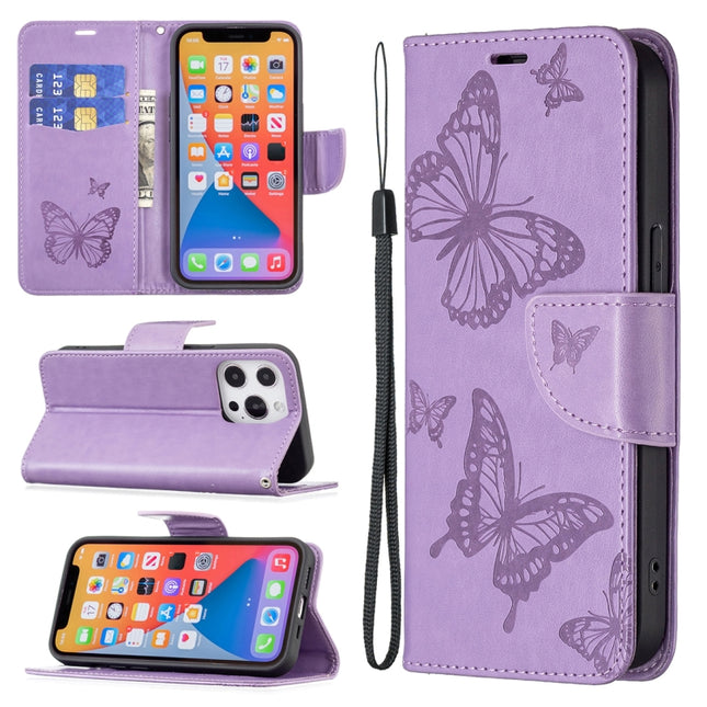 Embossing Two Butterflies Pattern Horizontal Flip PU Leather Case with Holder & Card Slot & Wallet & Lanyard For iPhone 13 Pro Max(Purple)-garmade.com