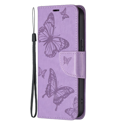 Embossing Two Butterflies Pattern Horizontal Flip PU Leather Case with Holder & Card Slot & Wallet & Lanyard For iPhone 13 Pro Max(Purple)-garmade.com