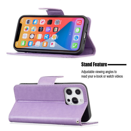 Embossing Two Butterflies Pattern Horizontal Flip PU Leather Case with Holder & Card Slot & Wallet & Lanyard For iPhone 13 Pro Max(Purple)-garmade.com