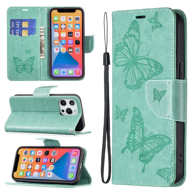 Embossing Two Butterflies Pattern Horizontal Flip PU Leather Case with Holder & Card Slot & Wallet & Lanyard For iPhone 13 Pro Max(Green)-garmade.com