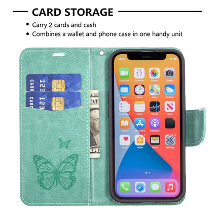Embossing Two Butterflies Pattern Horizontal Flip PU Leather Case with Holder & Card Slot & Wallet & Lanyard For iPhone 13 Pro Max(Green)-garmade.com