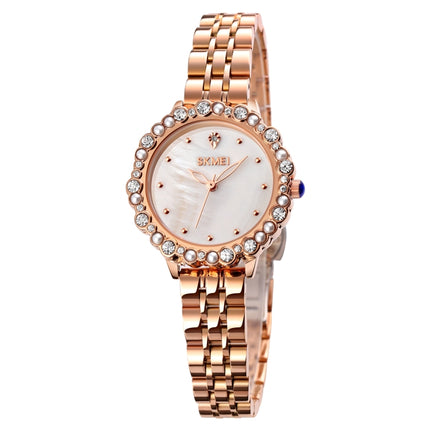 SKMEI 1799 Pearl Diamond Round Dial Stainless Steel Strap Quartz Watch for Ladies(Rose Gold and White Surface)-garmade.com