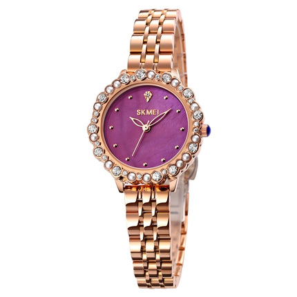 SKMEI 1799 Pearl Diamond Round Dial Stainless Steel Strap Quartz Watch for Ladies(Rose Gold and Purple Surface)-garmade.com