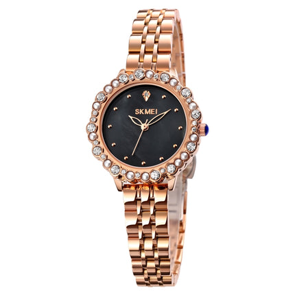 SKMEI 1799 Pearl Diamond Round Dial Stainless Steel Strap Quartz Watch for Ladies(Rose Gold and Black Surface)-garmade.com