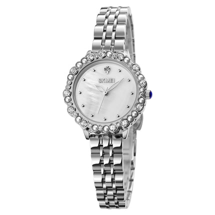 SKMEI 1799 Pearl Diamond Round Dial Stainless Steel Strap Quartz Watch for Ladies(Silver and White Surface)-garmade.com