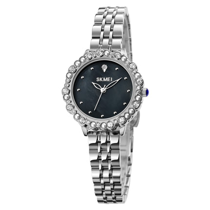 SKMEI 1799 Pearl Diamond Round Dial Stainless Steel Strap Quartz Watch for Ladies(Silver and Black Surface)-garmade.com