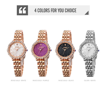 SKMEI 1799 Pearl Diamond Round Dial Stainless Steel Strap Quartz Watch for Ladies(Rose Gold and Purple Surface)-garmade.com