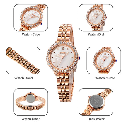 SKMEI 1799 Pearl Diamond Round Dial Stainless Steel Strap Quartz Watch for Ladies(Rose Gold and Purple Surface)-garmade.com