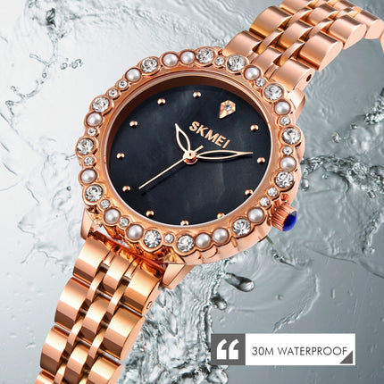 SKMEI 1799 Pearl Diamond Round Dial Stainless Steel Strap Quartz Watch for Ladies(Rose Gold and Black Surface)-garmade.com