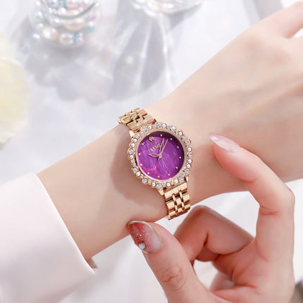 SKMEI 1799 Pearl Diamond Round Dial Stainless Steel Strap Quartz Watch for Ladies(Rose Gold and Purple Surface)-garmade.com